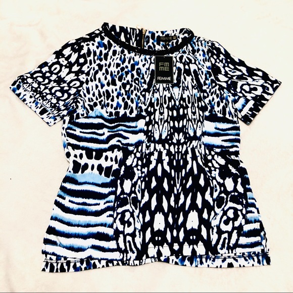 NWT FEMME printed pattern Blue Top S - Picture 2 of 5